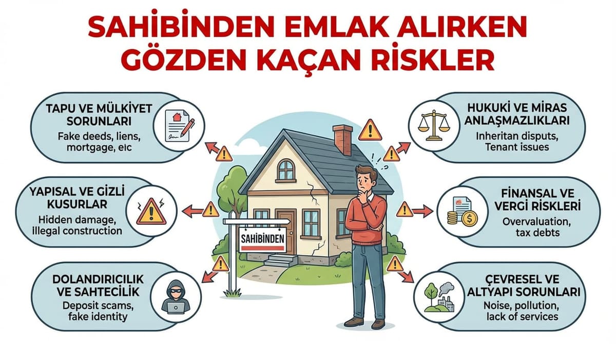 Sahibinden Emlak Alımında Gözden Kaçan 6 Risk ve Çözüm Sahibinden emlak alırken gözden kaçan tapu sorunları, yapısal kusurlar ve finansal riskleri gösteren 6 maddelik infografik.